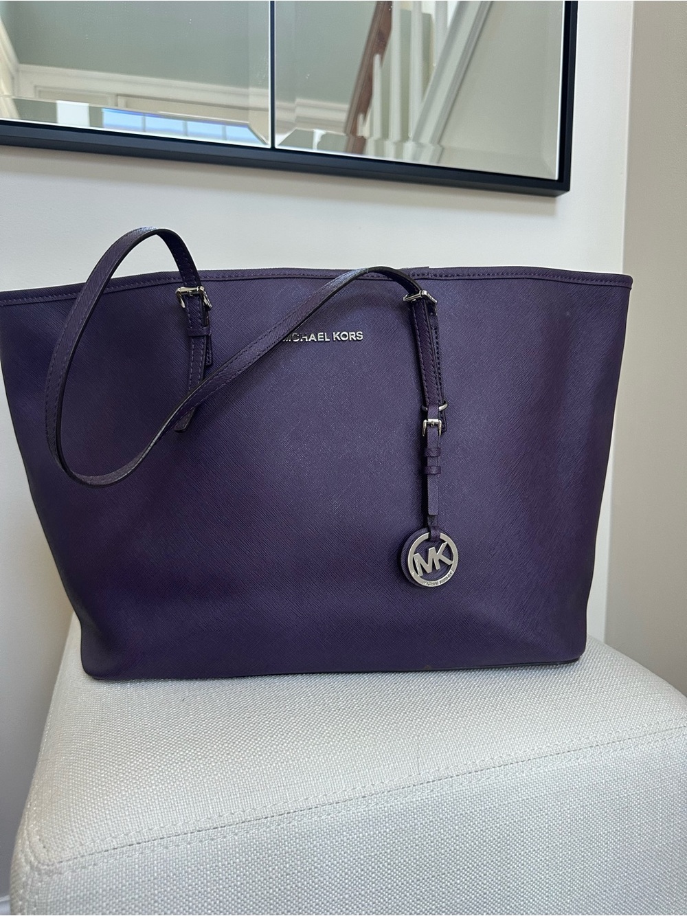 Michael Kors purple large leather tote bag and wallet set